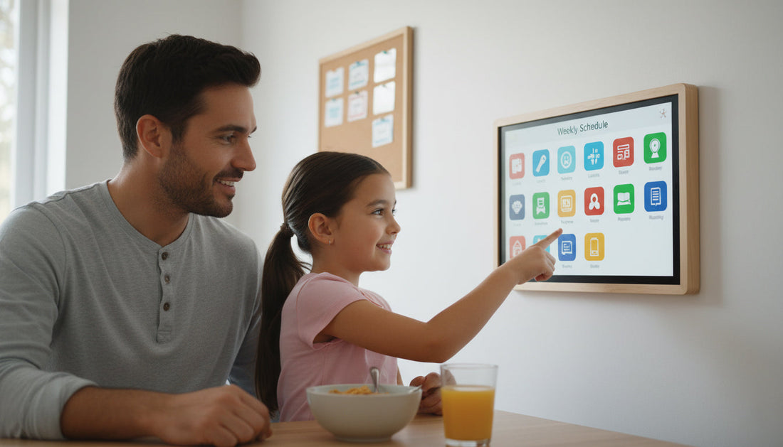 Dad and girl looking at digital visual schedule