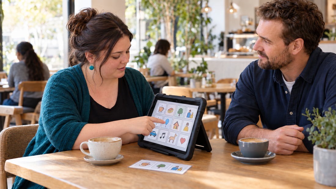 Adult AAC user communicating with a friend using a tablet-based communication aid in an everyday Australian setting