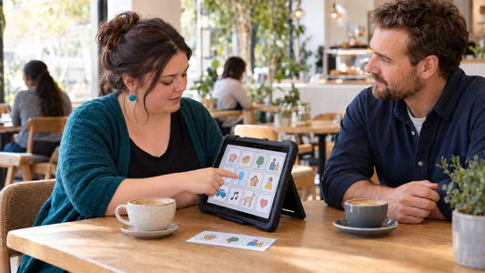 Adult AAC user communicating with a friend using a tablet-based communication aid in an everyday Australian setting