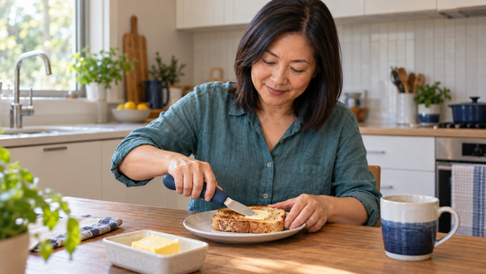 Adult with disability independently completing an everyday kitchen task using simple assistive technology