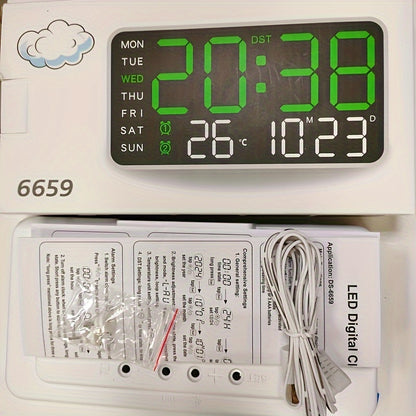 Digital Wall Clock with Calendar Display - Wired Electric Rectangular LED Clock