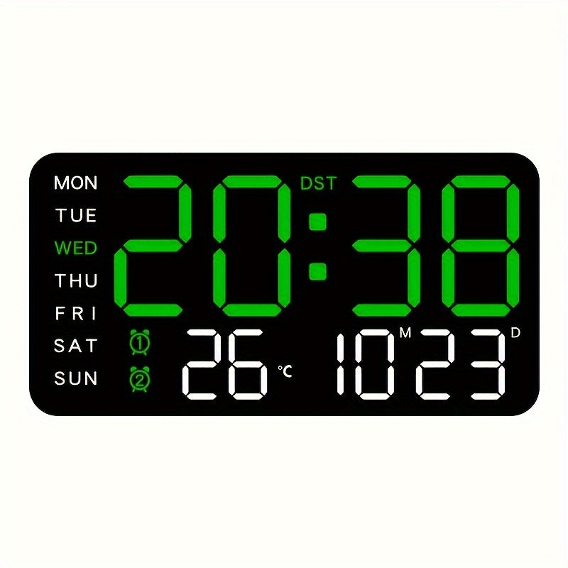 Digital Wall Clock with Calendar Display - Wired Electric Rectangular LED Clock