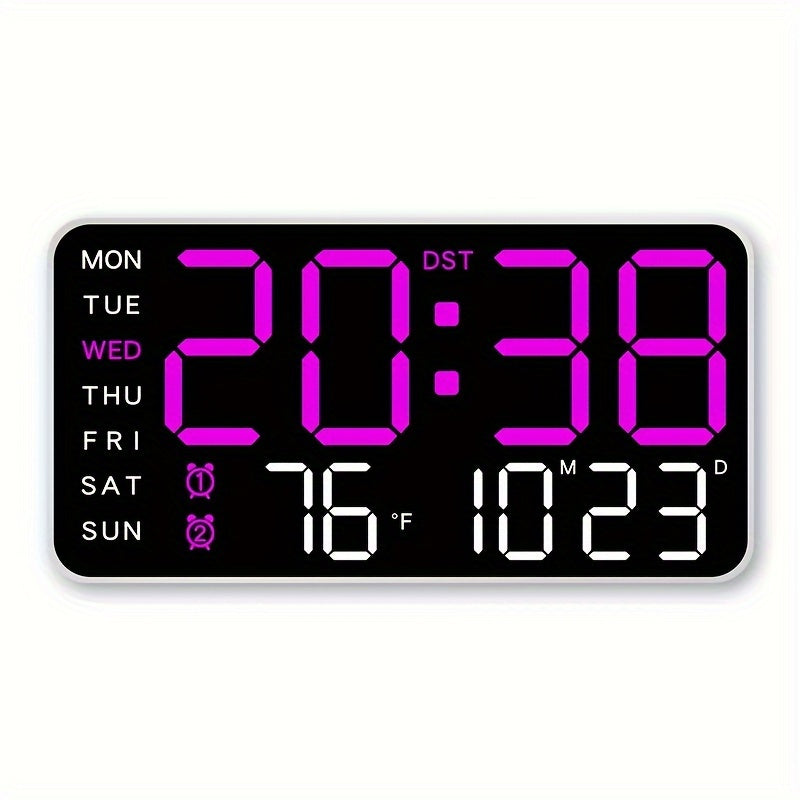 Digital Wall Clock with Calendar Display - Wired Electric Rectangular LED Clock