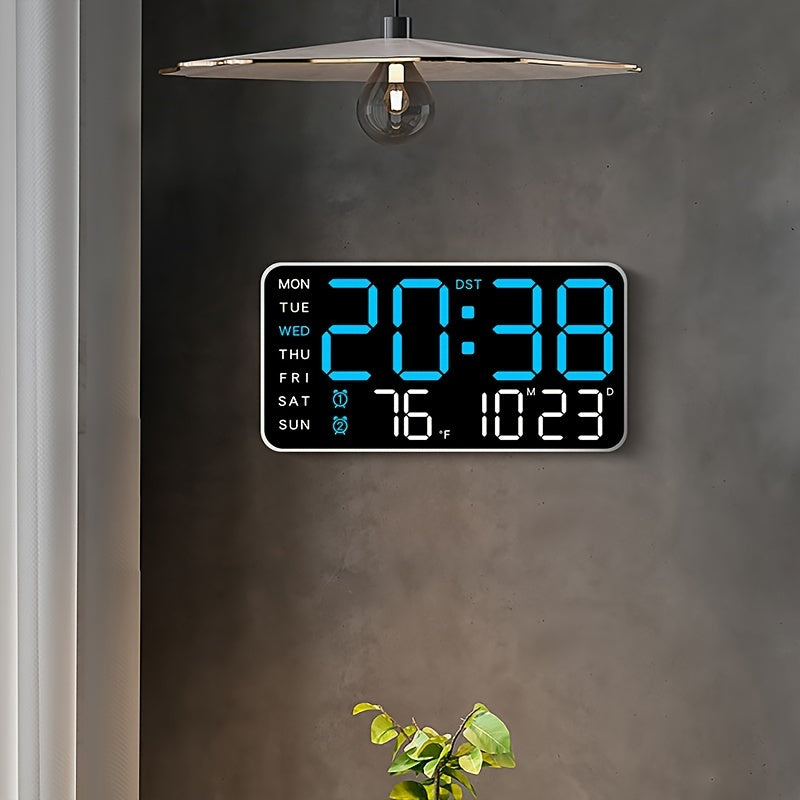 Digital Wall Clock with Calendar Display - Wired Electric Rectangular LED Clock