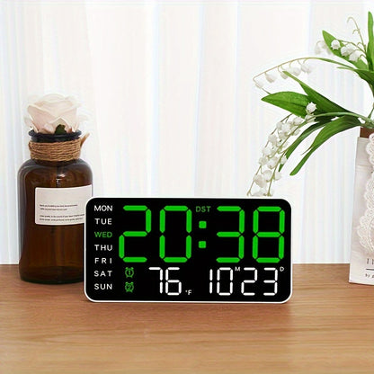 Digital Wall Clock with Calendar Display - Wired Electric Rectangular LED Clock