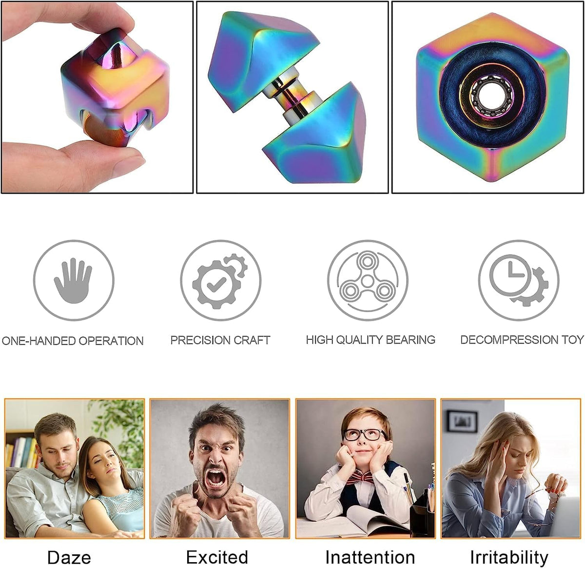 Metal Fidget Cube Spinner 4-in-1 Sensory Tool (Rainbow) | NDIS Focus Aid