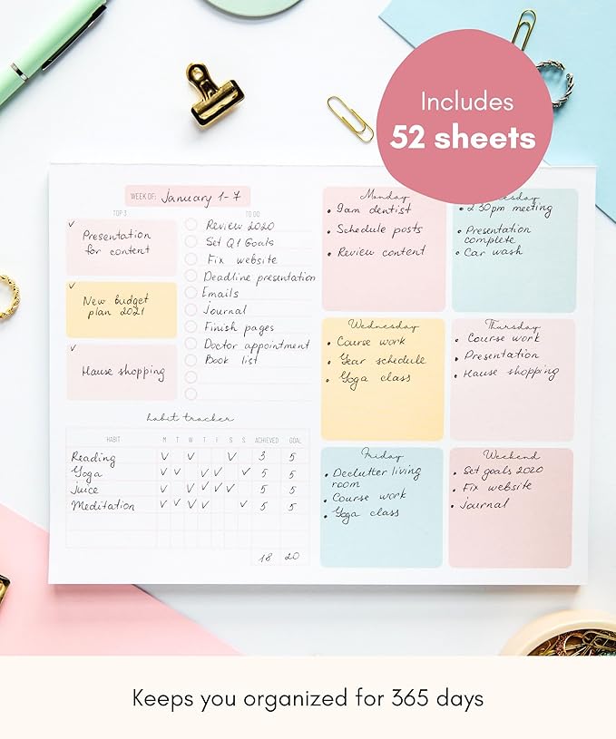 Weekly Planner Tear-Off Pad – 52-Week Undated Productivity Notepad