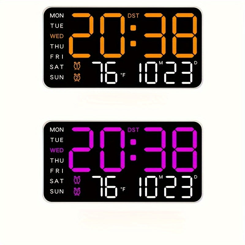 Digital Wall Clock with Calendar Display - Wired Electric Rectangular LED Clock