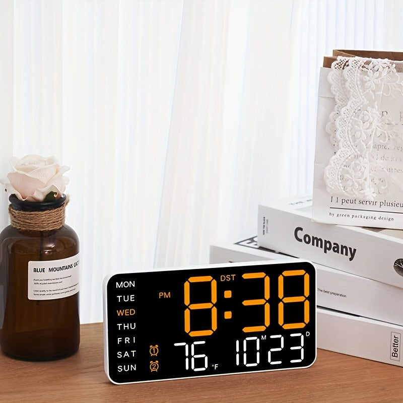 Digital Wall Clock with Calendar Display - Wired Electric Rectangular LED Clock