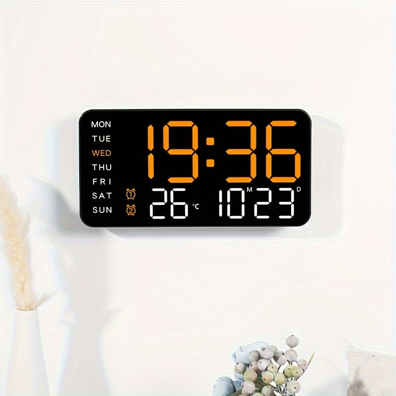 Digital Wall Clock with Calendar Display - Wired Electric Rectangular LED Clock