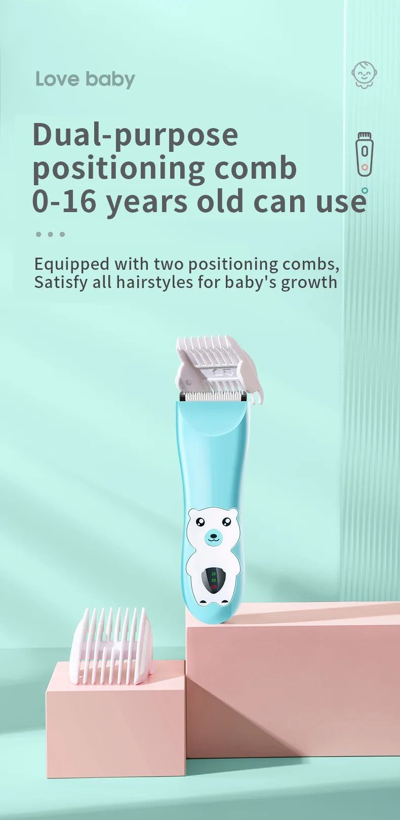 Ultra Quiet Baby Hair Clipper - Rechargeable, Waterproof, Low Noise Haircut Trimmer with 2 Guide Combs