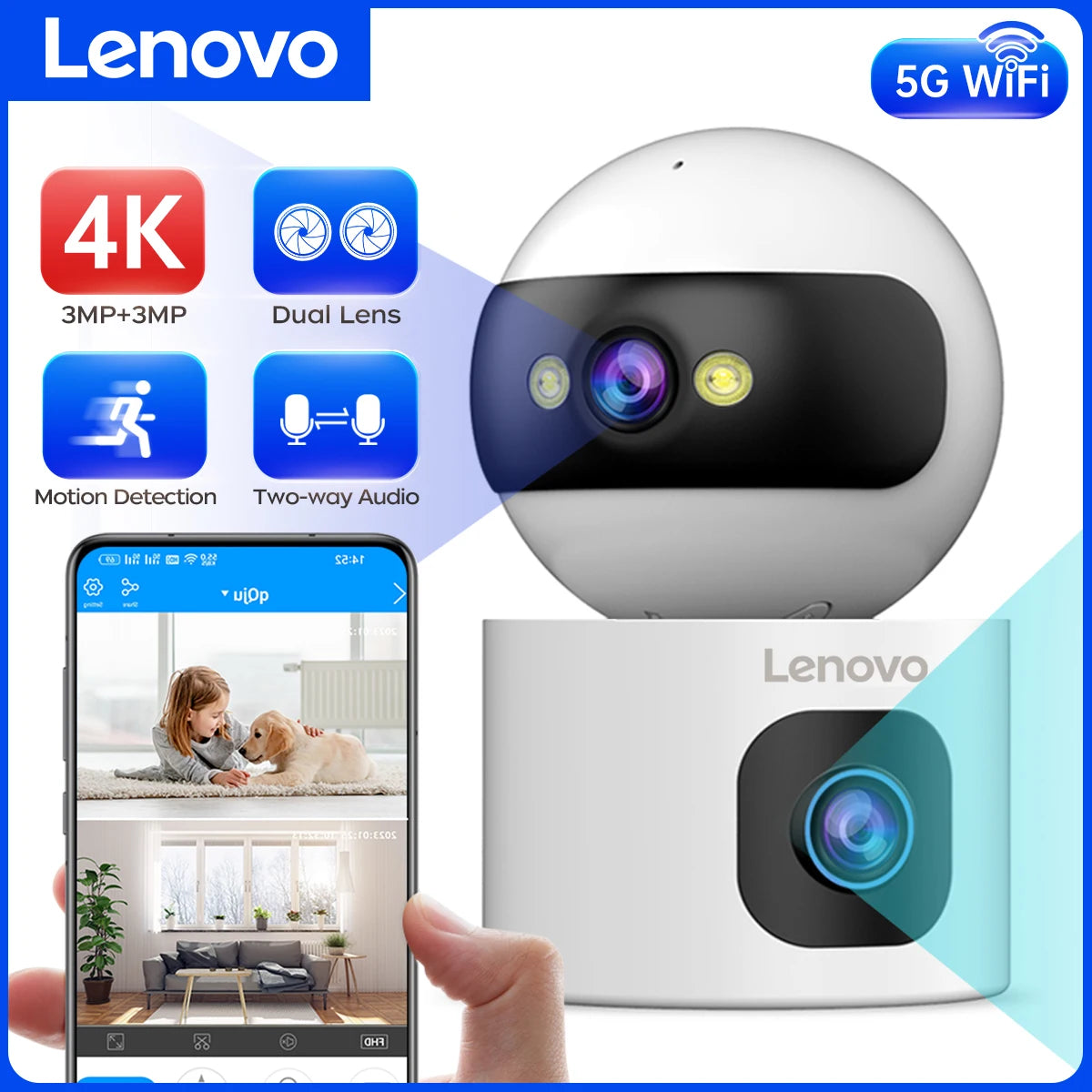 Camera with 5X Zoom and Auto Tracking - Dual Lens, 5G WiFi CCTV for Home, Baby Monitor, and Video Surveillance