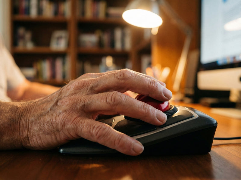 A person sits on a park bench with a guide dog. The person holds a white cane, indicating visual impairment. The Rottweiler guide dog sits attentively beside them. Lush green trees and orange flowers create a peaceful park setting.