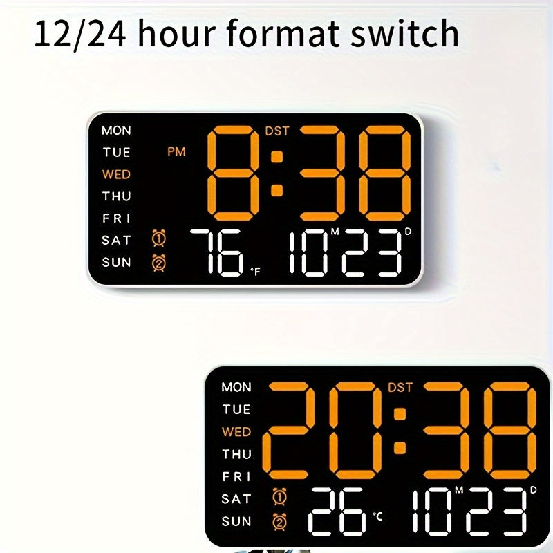 Digital Wall Clock with Calendar Display - Wired Electric Rectangular LED Clock