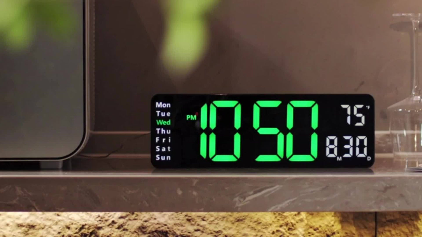 Digital Wall Clock with Calendar Display - Wired Electric Rectangular LED Clock