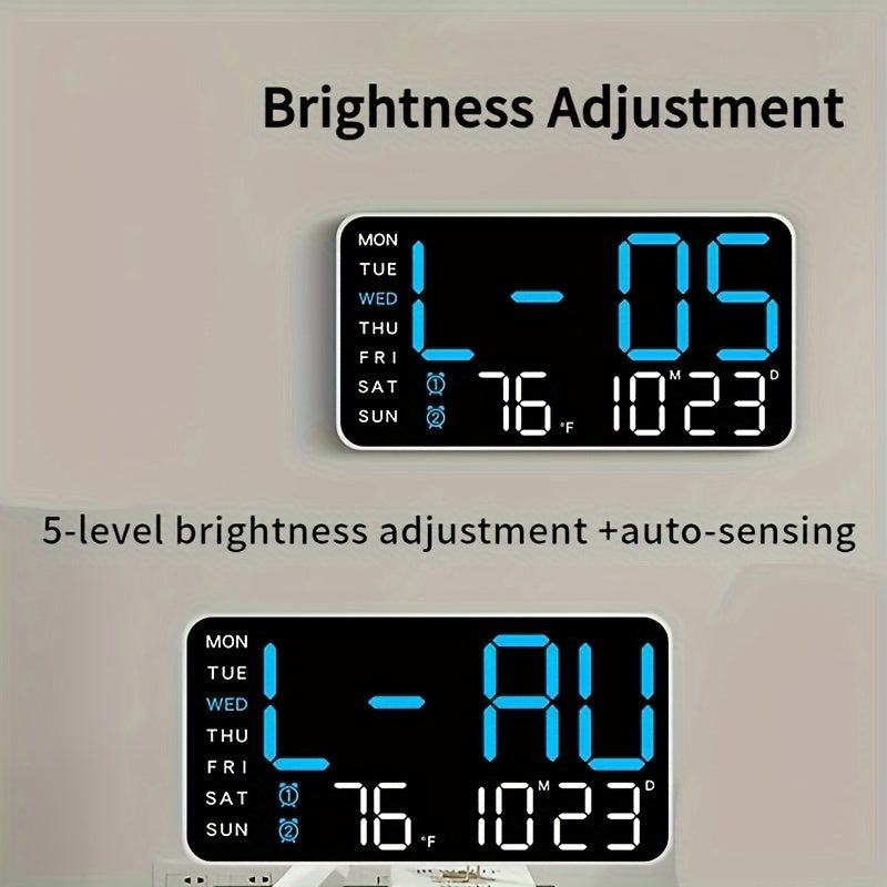 Digital Wall Clock with Calendar Display - Wired Electric Rectangular LED Clock