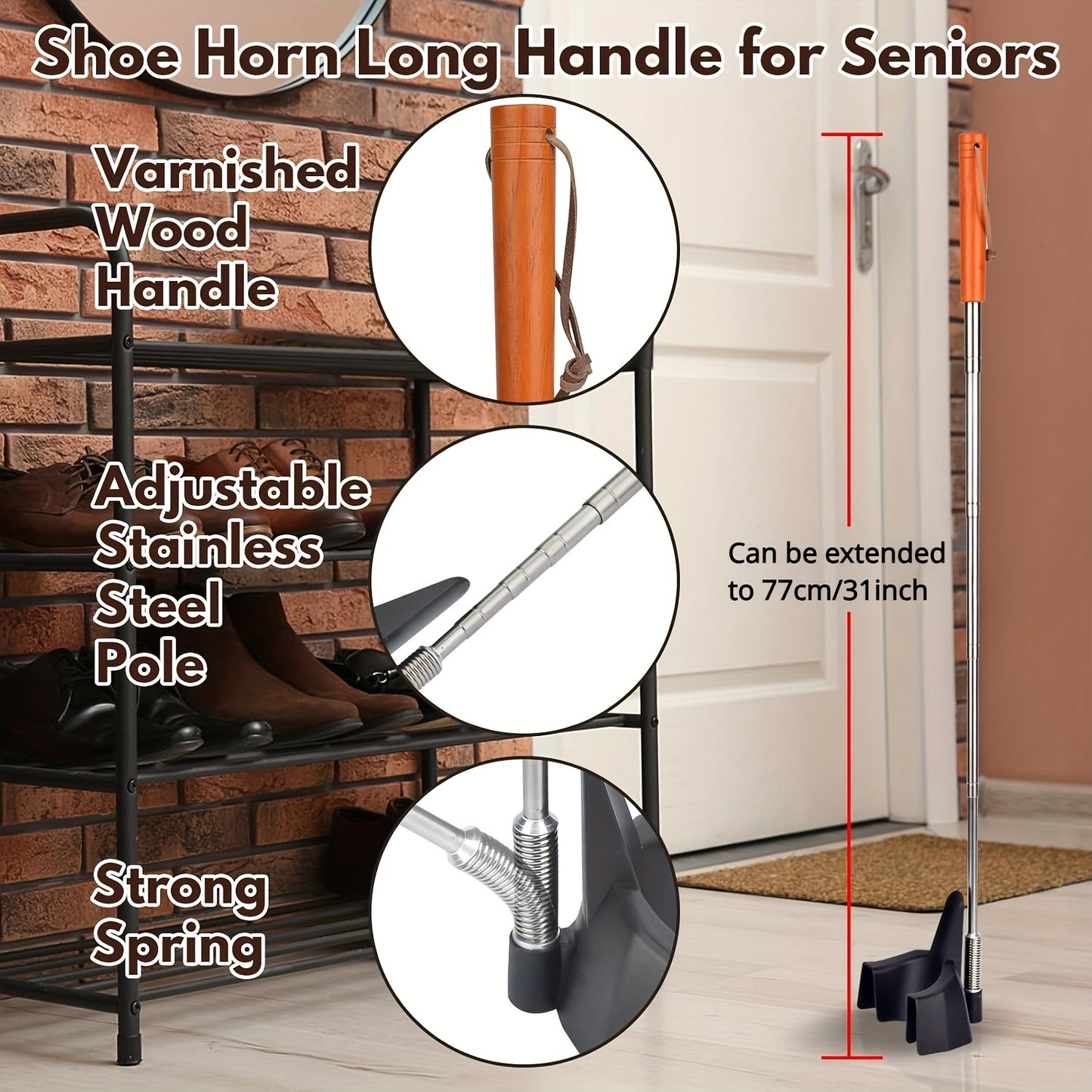 Easy-Reach 80cm Stainless Steel Shoe Horn for Seniors - No Bending Required, Ideal for Sneakers & Boots