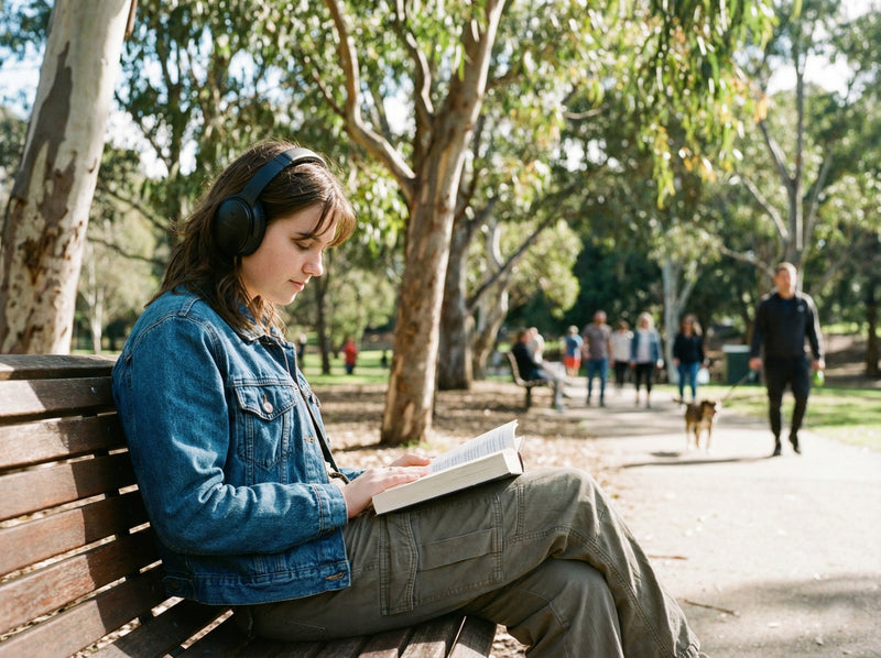 Grandfather and grandson wearing VR headsets. One in a pink sweater adjusts theirs, the other in a red shirt sits next to them. The background shows a bookshelf, a plant, and decorative items. Immersive atmosphere focusing on virtual reality.